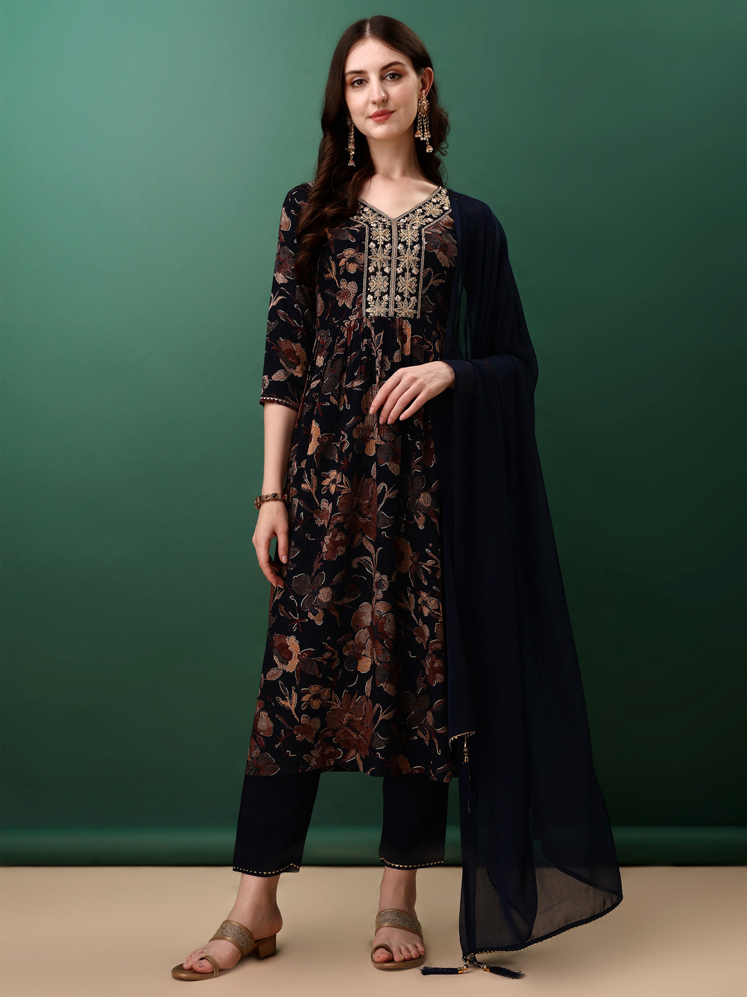Flared Embroidered & Floral Printed Kurta With Pant & Dupatta, Navy Blue - Hiral Fashion - Distacart