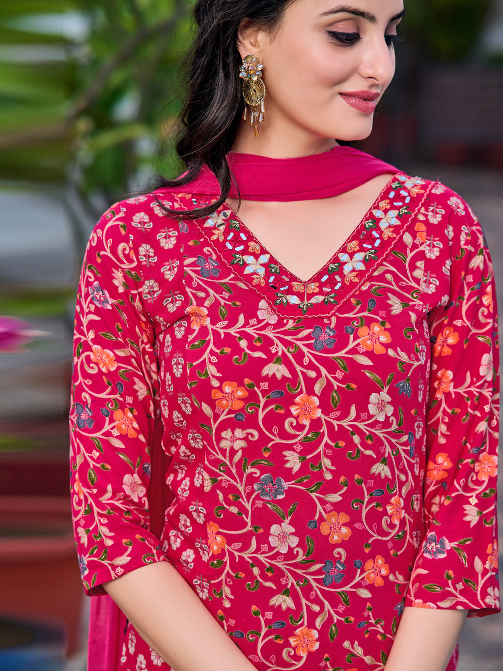Mirror Embroidery & Floral Printed Kurta With Pant & Dupatta, Pink - Hiral Fashion - Distacart