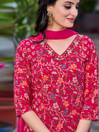 Mirror Embroidery & Floral Printed Kurta With Pant & Dupatta, Pink - Hiral Fashion - Distacart