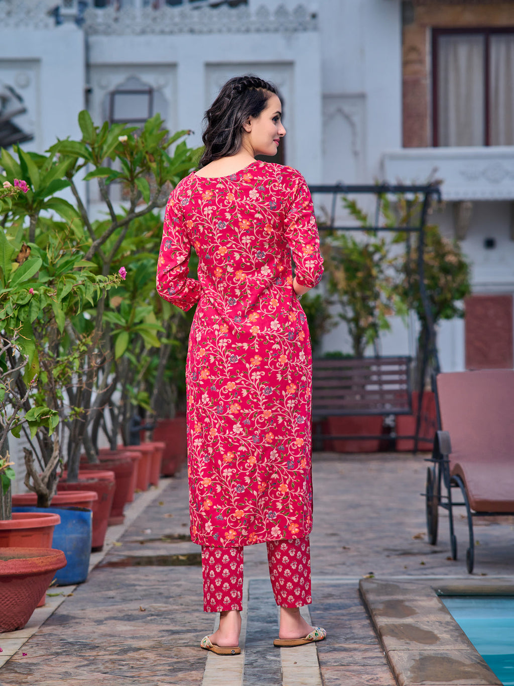 Mirror Embroidery & Floral Printed Kurta With Pant & Dupatta, Pink - Hiral Fashion - Distacart