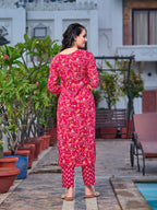 Mirror Embroidery & Floral Printed Kurta With Pant & Dupatta, Pink - Hiral Fashion - Distacart