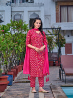 Mirror Embroidery & Floral Printed Kurta With Pant & Dupatta, Pink - Hiral Fashion - Distacart