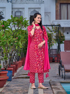 Mirror Embroidery & Floral Printed Kurta With Pant & Dupatta, Pink - Hiral Fashion - Distacart