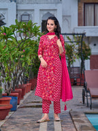 Mirror Embroidery & Floral Printed Kurta With Pant & Dupatta, Pink - Hiral Fashion - Distacart