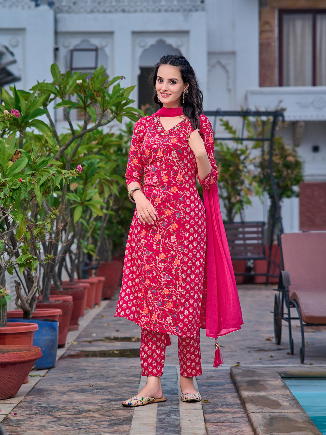Mirror Embroidery & Floral Printed Kurta With Pant & Dupatta, Pink - Hiral Fashion - Distacart