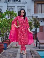Mirror Embroidery & Floral Printed Kurta With Pant & Dupatta, Pink - Hiral Fashion - Distacart