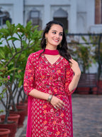 Mirror Embroidery & Floral Printed Kurta With Pant & Dupatta, Pink - Hiral Fashion - Distacart