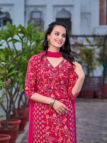 Mirror Embroidery & Floral Printed Kurta With Pant & Dupatta, Pink - Hiral Fashion
