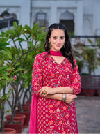 Mirror Embroidery & Floral Printed Kurta With Pant & Dupatta, Pink - Hiral Fashion - Distacart