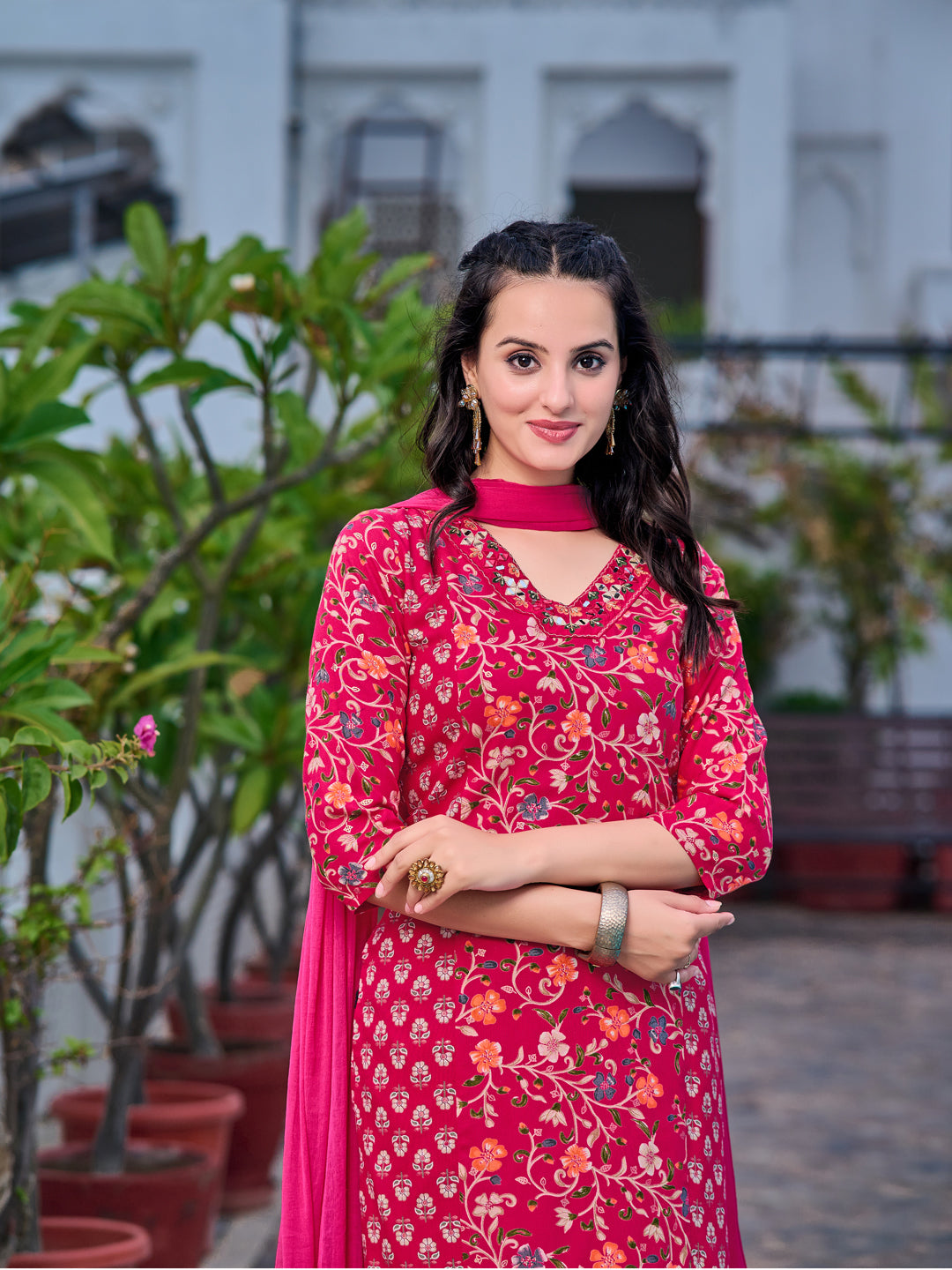Mirror Embroidery & Floral Printed Kurta With Pant & Dupatta, Pink - Hiral Fashion - Distacart