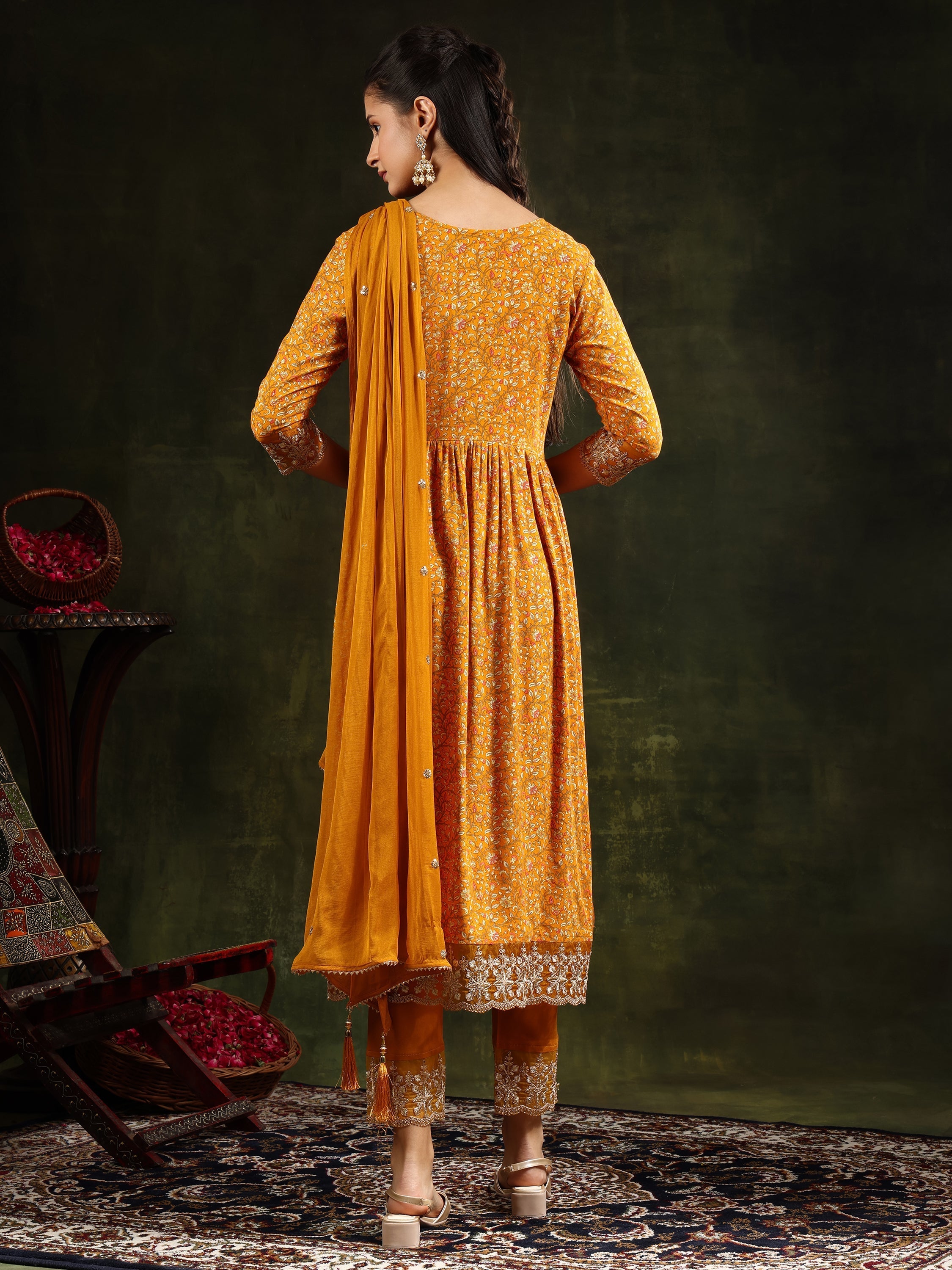 Nyra Cut Embroidered & Floral Printed Kurta With Pant & Embroidered Dupatta, Mustard - Hiral Fashion - Distacart