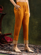 Nyra Cut Embroidered & Floral Printed Kurta With Pant & Embroidered Dupatta, Mustard - Hiral Fashion - Distacart
