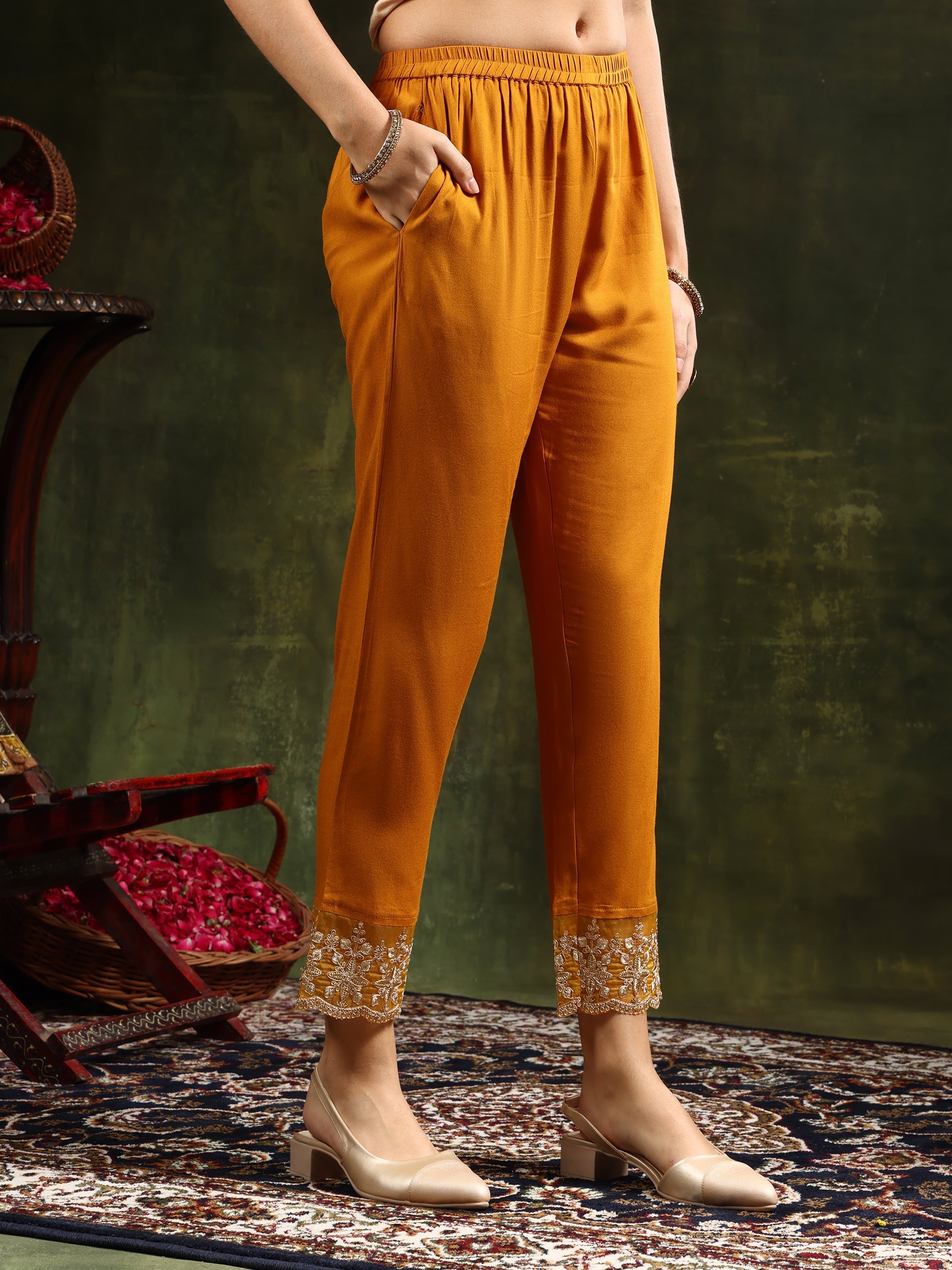 Nyra Cut Embroidered & Floral Printed Kurta With Pant & Embroidered Dupatta, Mustard - Hiral Fashion - Distacart