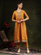 Nyra Cut Embroidered & Floral Printed Kurta With Pant & Embroidered Dupatta, Mustard - Hiral Fashion - Distacart