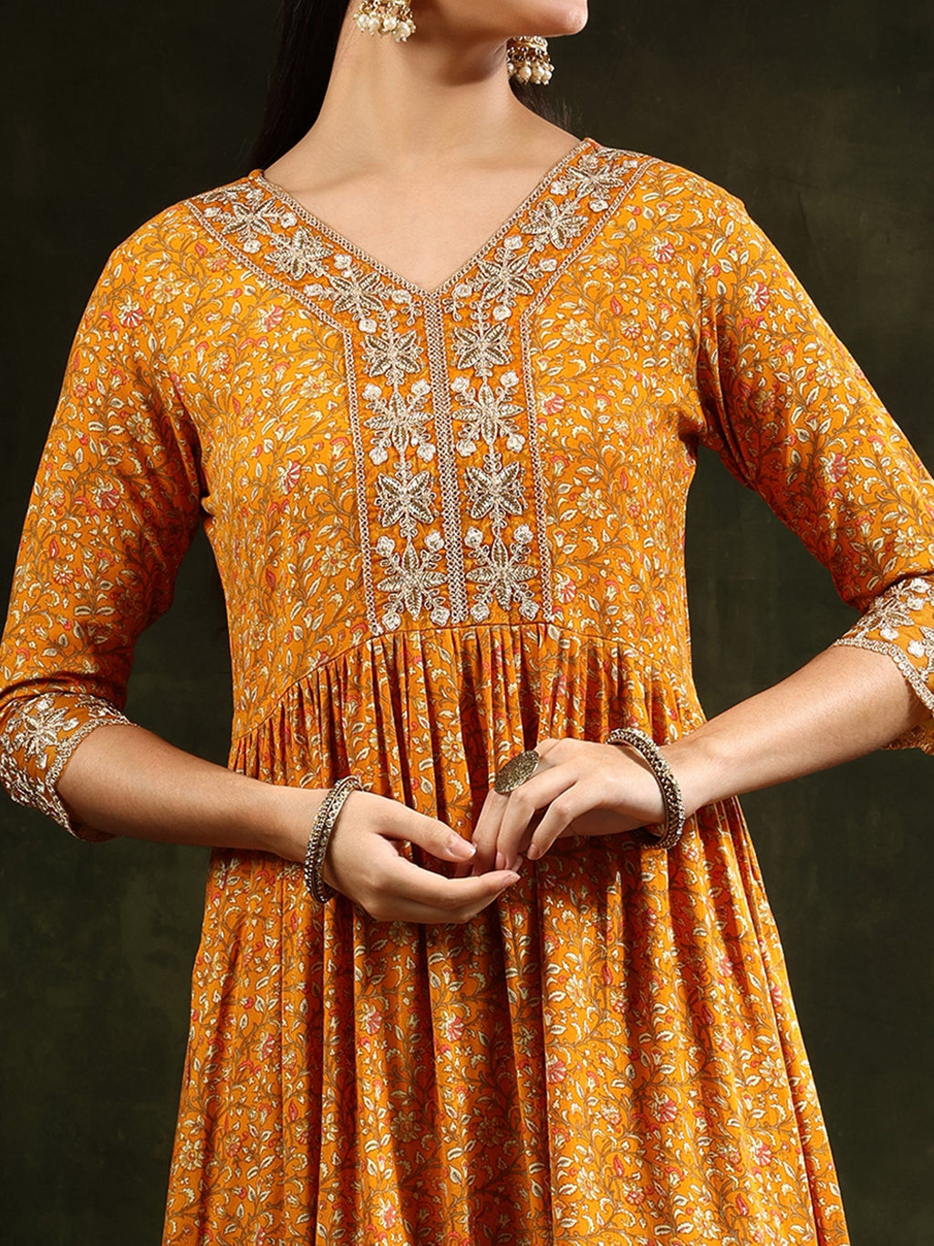 Nyra Cut Embroidered & Floral Printed Kurta With Pant & Embroidered Dupatta, Mustard - Hiral Fashion - Distacart