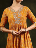 Nyra Cut Embroidered & Floral Printed Kurta With Pant & Embroidered Dupatta, Mustard - Hiral Fashion - Distacart