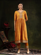 Nyra Cut Embroidered & Floral Printed Kurta With Pant & Embroidered Dupatta, Mustard - Hiral Fashion - Distacart