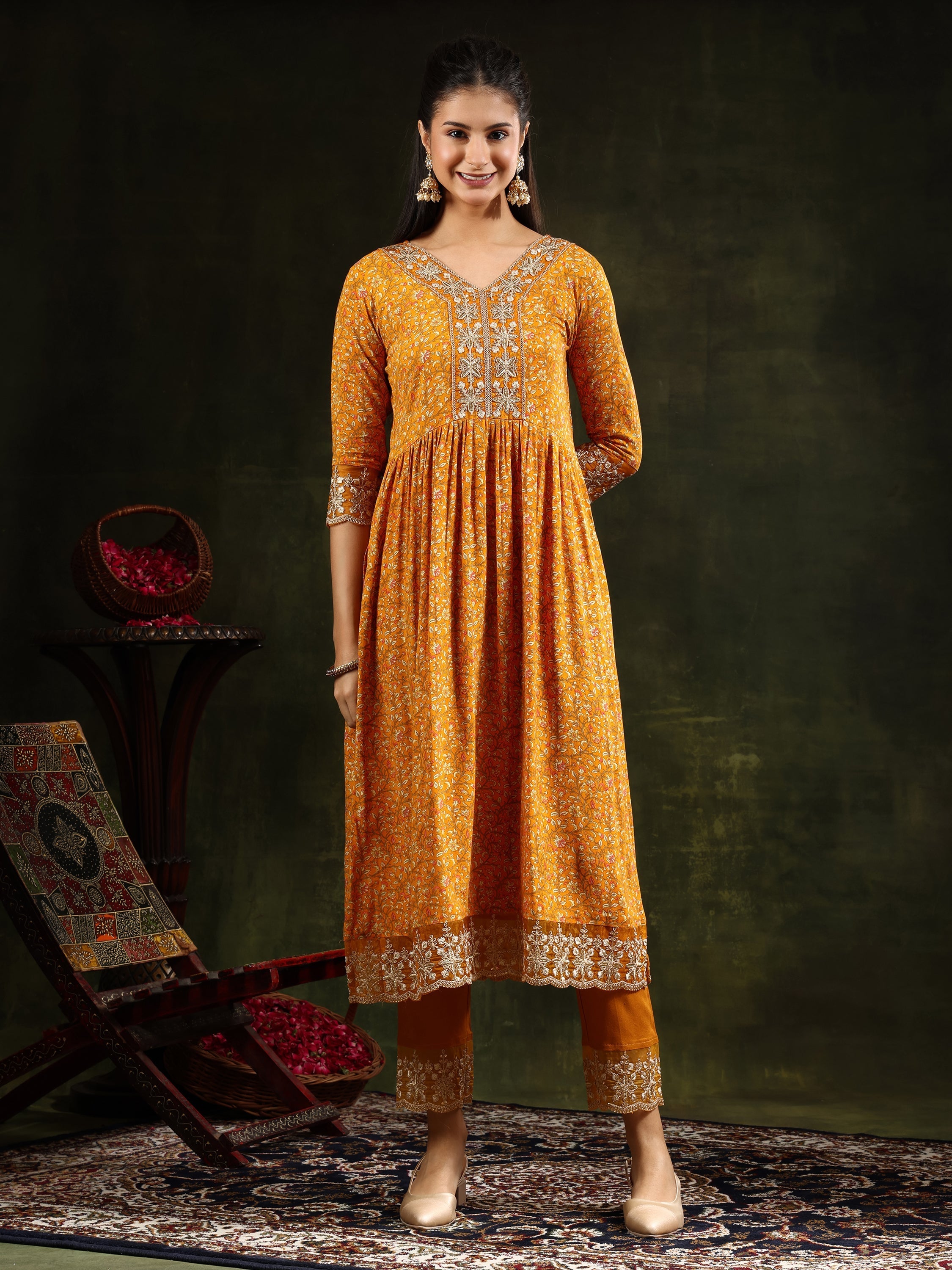 Nyra Cut Embroidered & Floral Printed Kurta With Pant & Embroidered Dupatta, Mustard - Hiral Fashion - Distacart