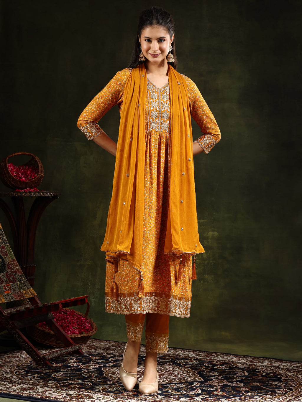 Nyra Cut Embroidered & Floral Printed Kurta With Pant & Embroidered Dupatta, Mustard - Hiral Fashion - Distacart