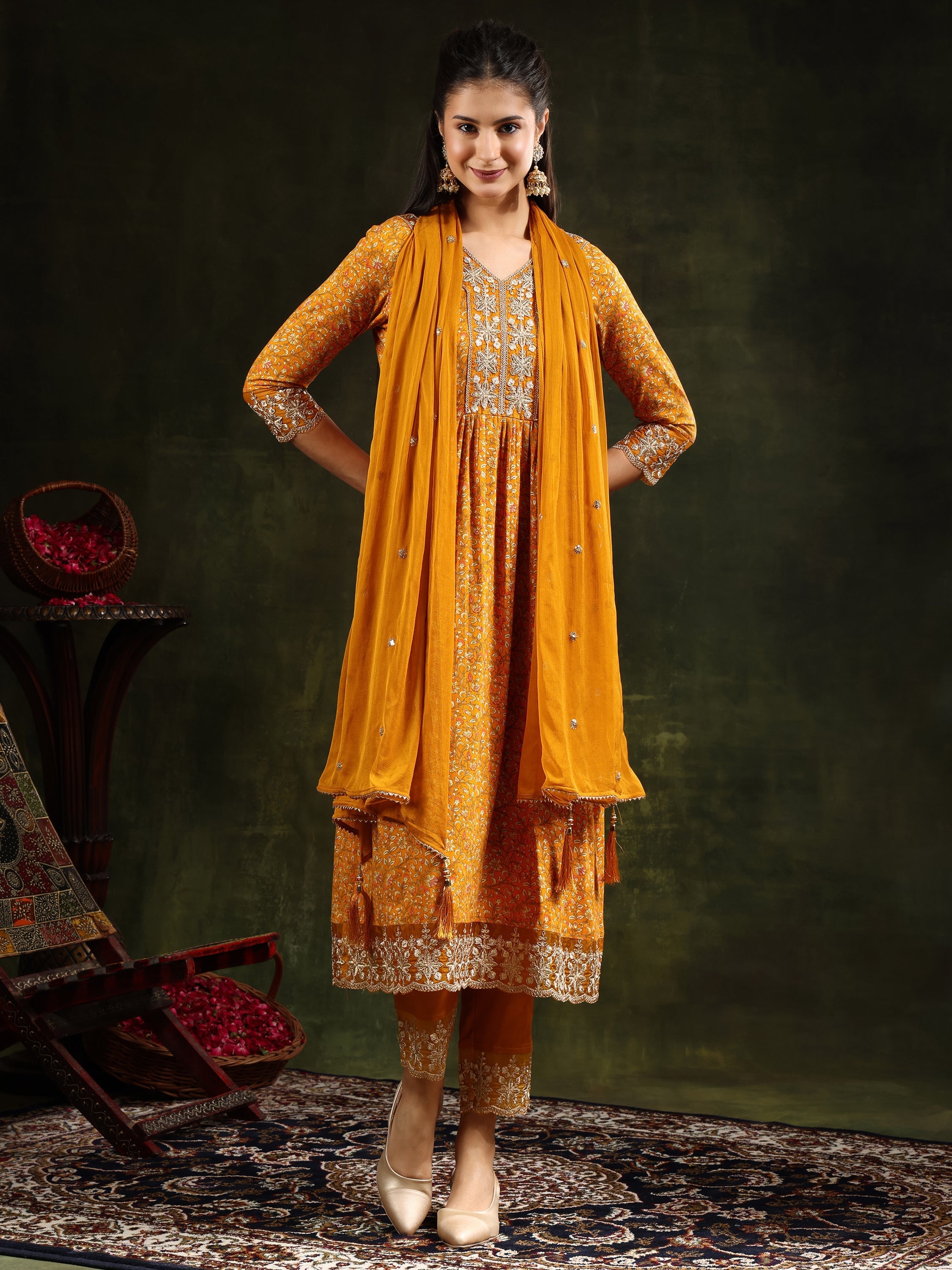 Nyra Cut Embroidered & Floral Printed Kurta With Pant & Embroidered Dupatta, Mustard - Hiral Fashion - Distacart