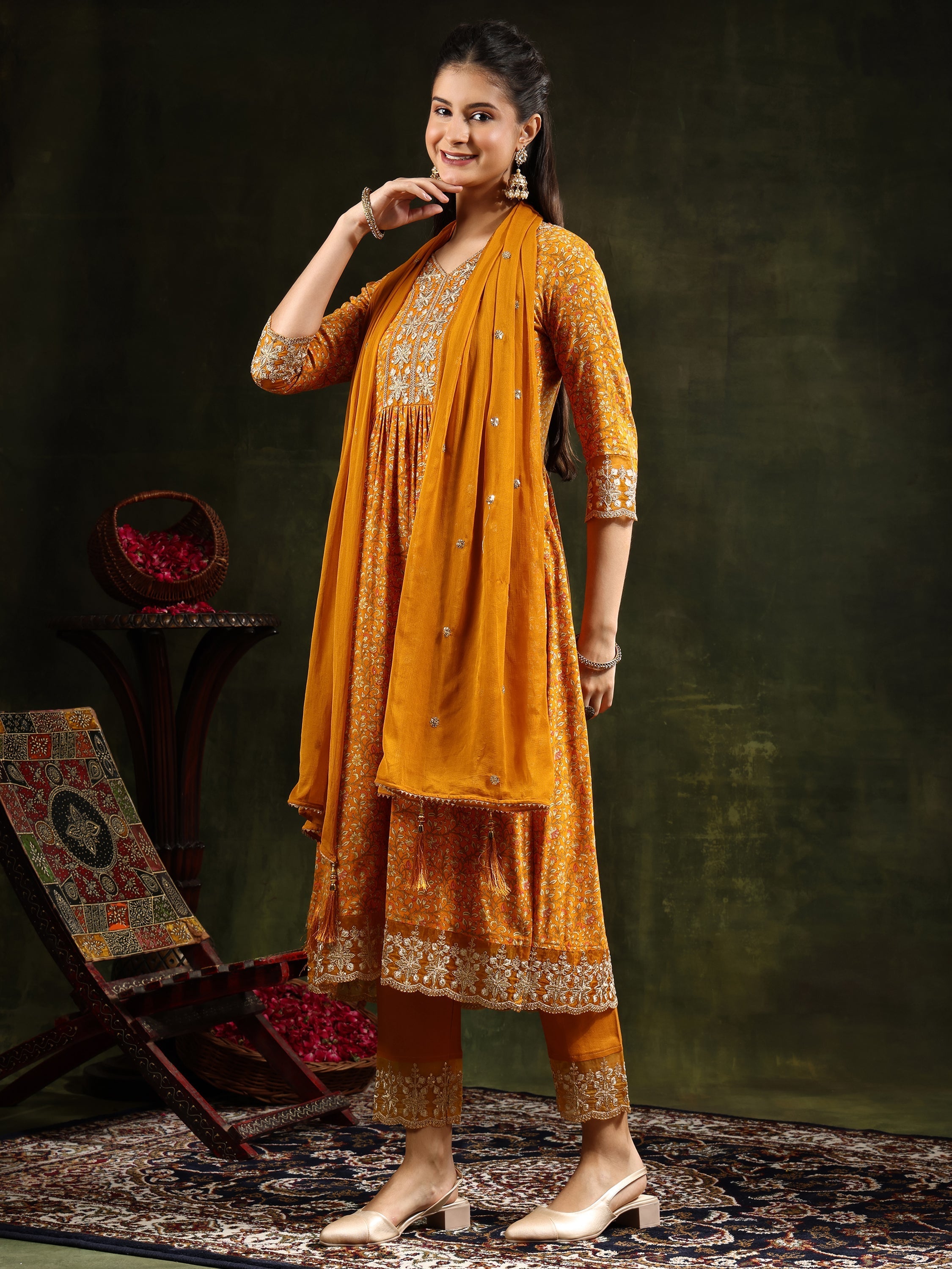 Nyra Cut Embroidered & Floral Printed Kurta With Pant & Embroidered Dupatta, Mustard - Hiral Fashion - Distacart