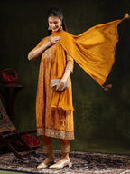 Nyra Cut Embroidered & Floral Printed Kurta With Pant & Embroidered Dupatta, Mustard - Hiral Fashion - Distacart