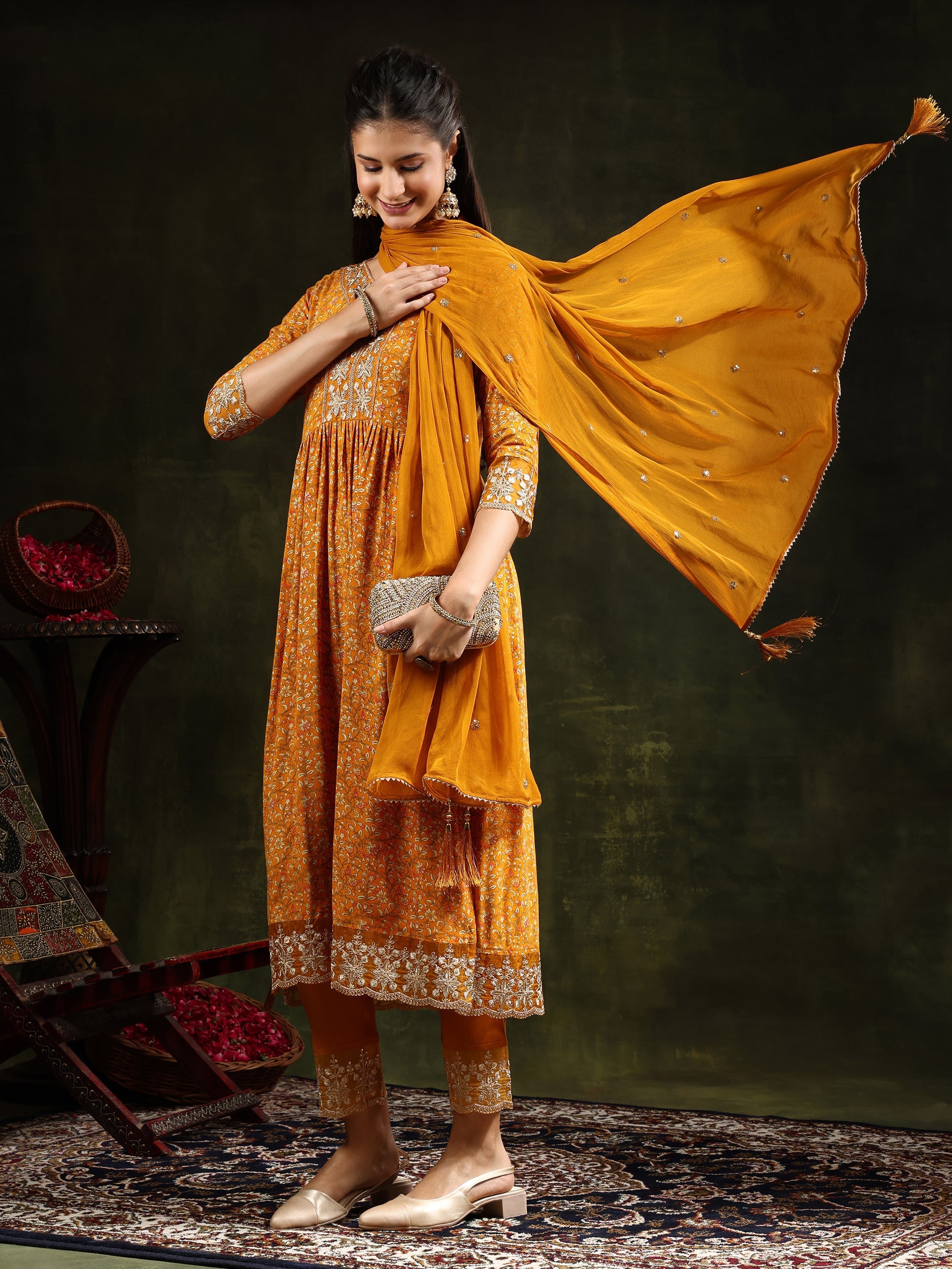 Nyra Cut Embroidered & Floral Printed Kurta With Pant & Embroidered Dupatta, Mustard - Hiral Fashion - Distacart