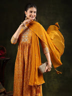 Nyra Cut Embroidered & Floral Printed Kurta With Pant & Embroidered Dupatta, Mustard - Hiral Fashion - Distacart