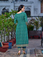 Nyra Cut Embroidered & Floral Printed Kurta With Pant & Embroidered Dupatta, Teal - Hiral Fashion - Distacart