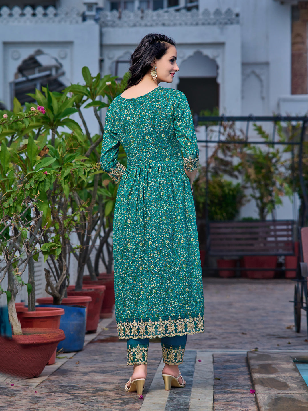 Nyra Cut Embroidered & Floral Printed Kurta With Pant & Embroidered Dupatta, Teal - Hiral Fashion - Distacart