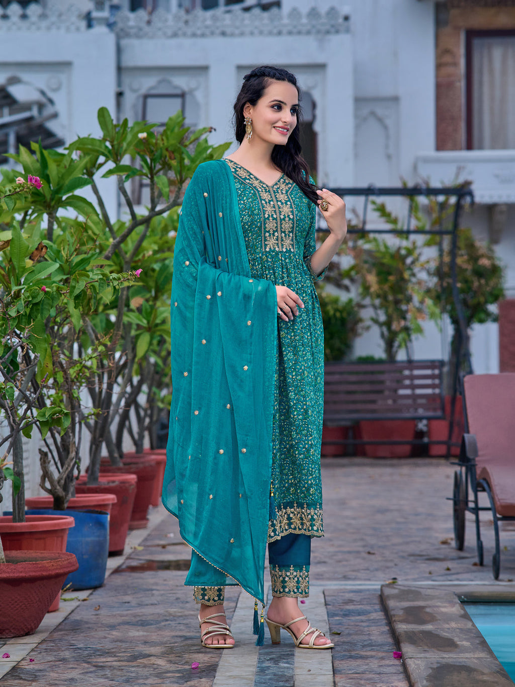 Nyra Cut Embroidered & Floral Printed Kurta With Pant & Embroidered Dupatta, Teal - Hiral Fashion - Distacart