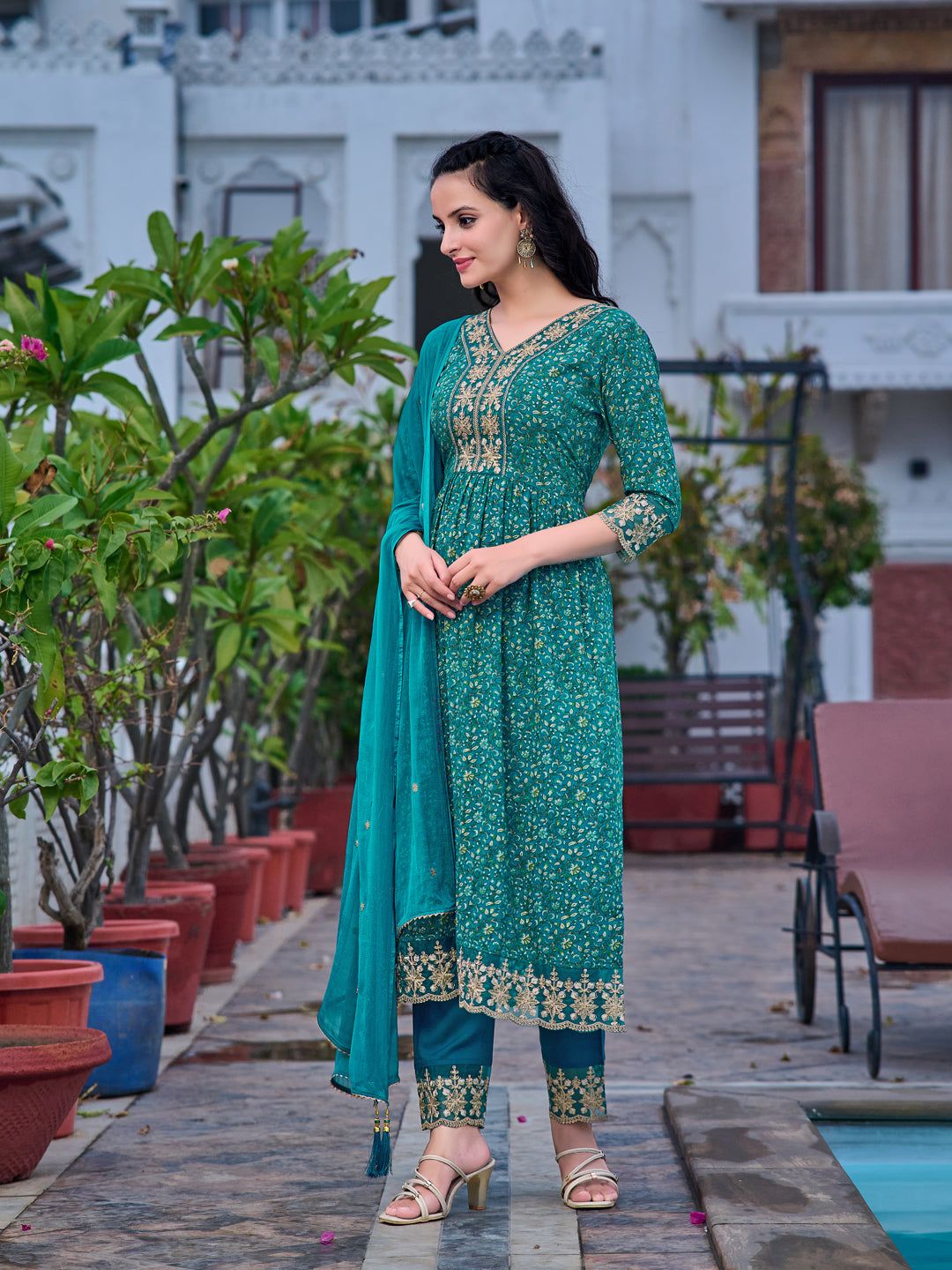 Nyra Cut Embroidered & Floral Printed Kurta With Pant & Embroidered Dupatta, Teal - Hiral Fashion - Distacart