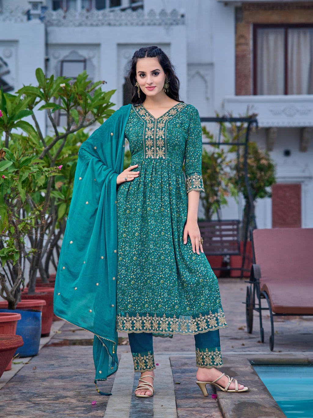 Nyra Cut Embroidered & Floral Printed Kurta With Pant & Embroidered Dupatta, Teal - Hiral Fashion - Distacart