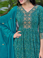 Nyra Cut Embroidered & Floral Printed Kurta With Pant & Embroidered Dupatta, Teal - Hiral Fashion - Distacart