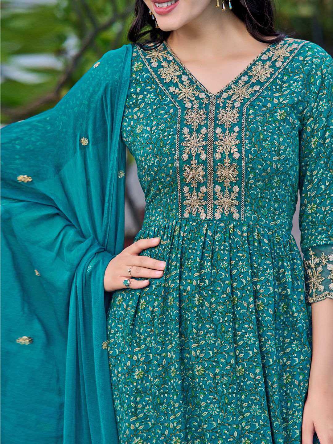 Nyra Cut Embroidered & Floral Printed Kurta With Pant & Embroidered Dupatta, Teal - Hiral Fashion - Distacart