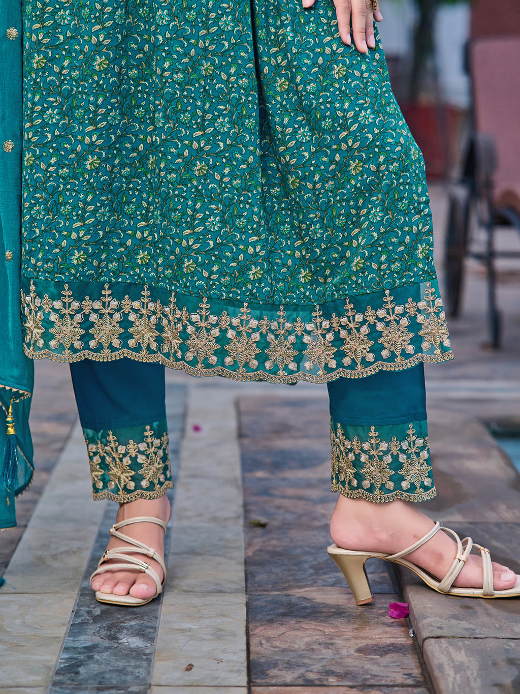 Nyra Cut Embroidered & Floral Printed Kurta With Pant & Embroidered Dupatta, Teal - Hiral Fashion - Distacart