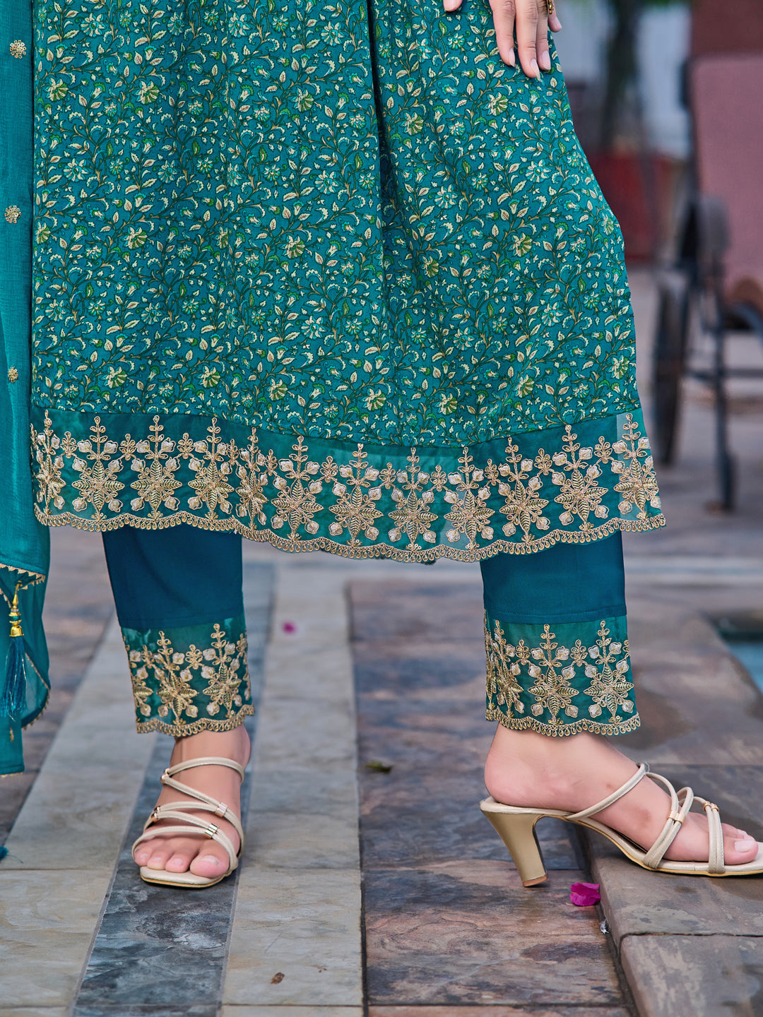 Nyra Cut Embroidered & Floral Printed Kurta With Pant & Embroidered Dupatta, Teal - Hiral Fashion - Distacart