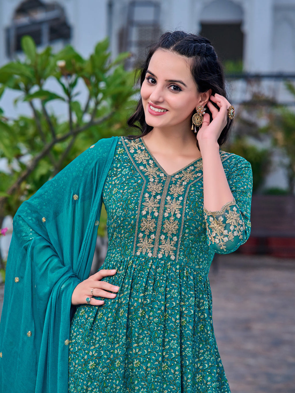 Nyra Cut Embroidered & Floral Printed Kurta With Pant & Embroidered Dupatta, Teal - Hiral Fashion - Distacart