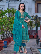 Nyra Cut Embroidered & Floral Printed Kurta With Pant & Embroidered Dupatta, Teal - Hiral Fashion - Distacart
