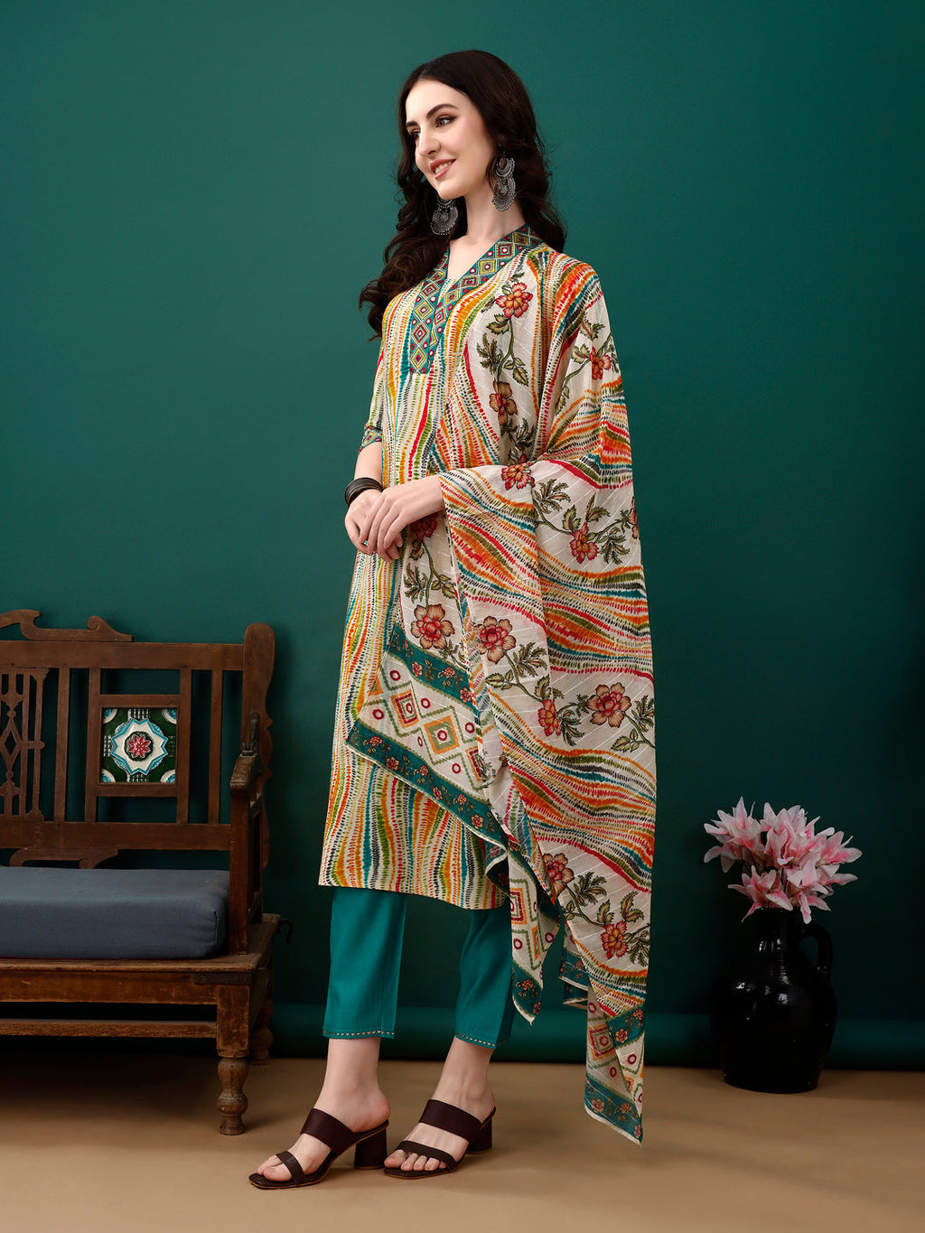 Mirror Embroidery And Shibori Printed Kurta With Pant & Dupatta, Multicolor - Hiral Fashion - Distacart