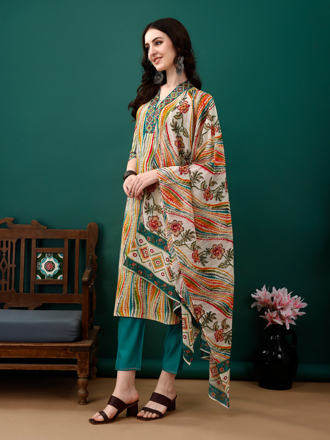 Mirror Embroidery And Shibori Printed Kurta With Pant & Dupatta, Multicolor - Hiral Fashion - Distacart