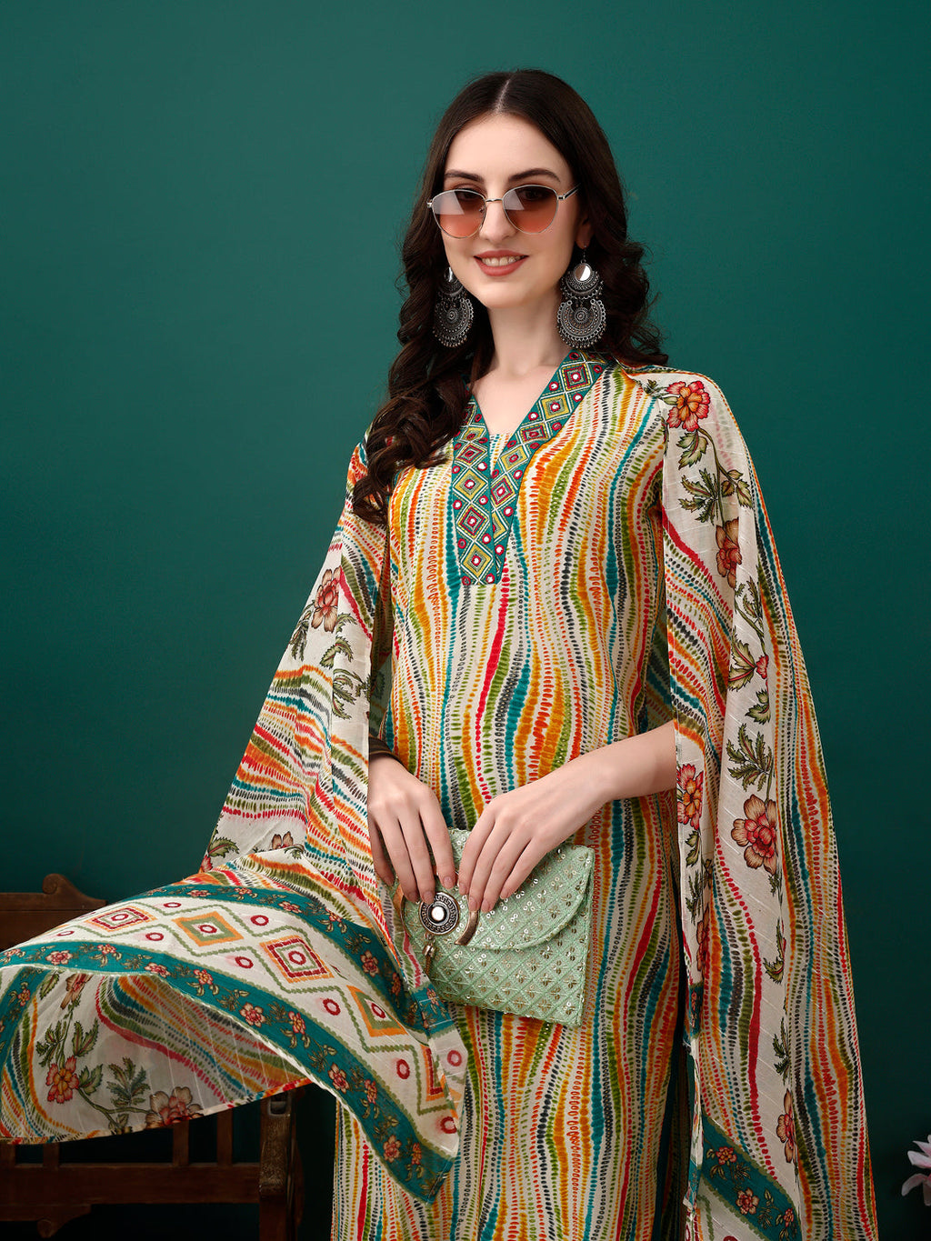 Mirror Embroidery And Shibori Printed Kurta With Pant & Dupatta, Multicolor - Hiral Fashion - Distacart
