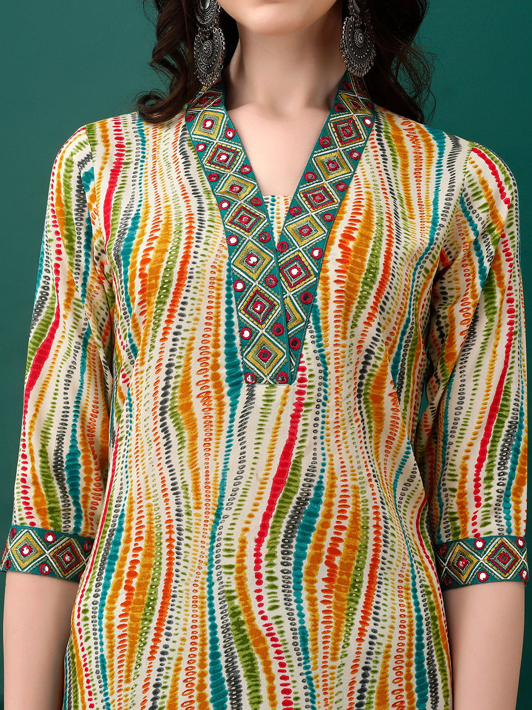 Mirror Embroidery And Shibori Printed Kurta With Pant & Dupatta, Multicolor - Hiral Fashion - Distacart