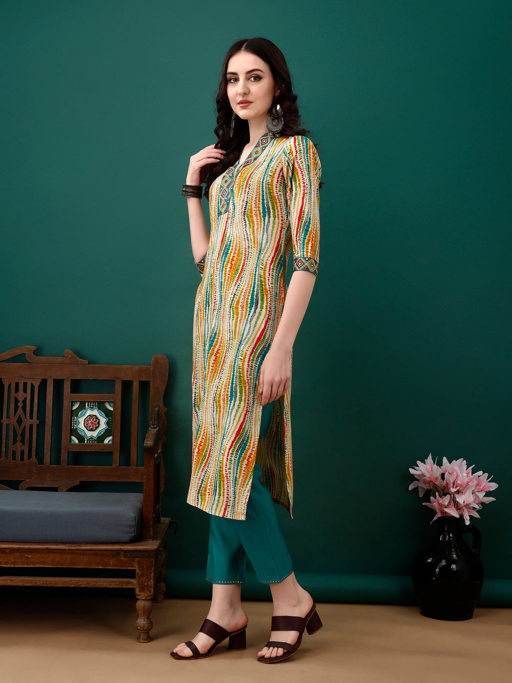 Mirror Embroidery And Shibori Printed Kurta With Pant & Dupatta, Multicolor - Hiral Fashion - Distacart