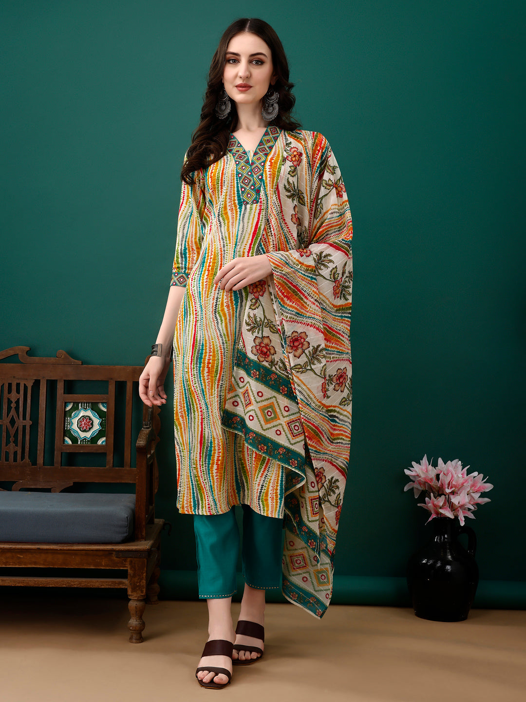 Mirror Embroidery And Shibori Printed Kurta With Pant & Dupatta, Multicolor - Hiral Fashion - Distacart