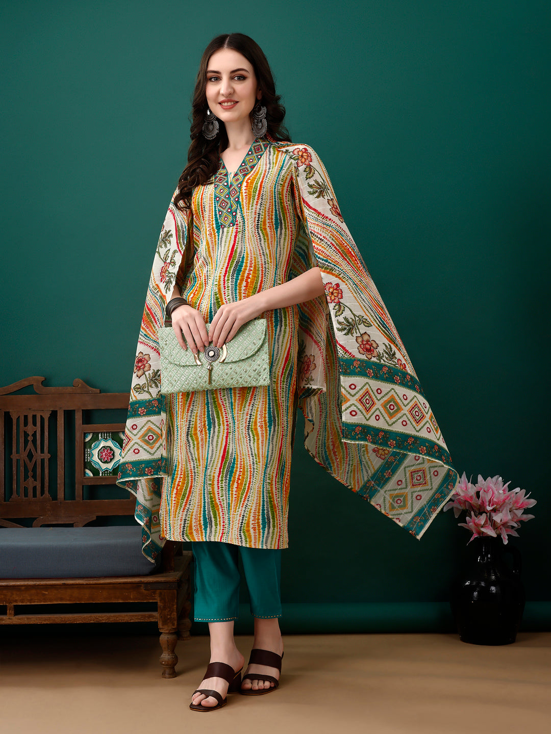 Mirror Embroidery And Shibori Printed Kurta With Pant & Dupatta, Multicolor - Hiral Fashion - Distacart