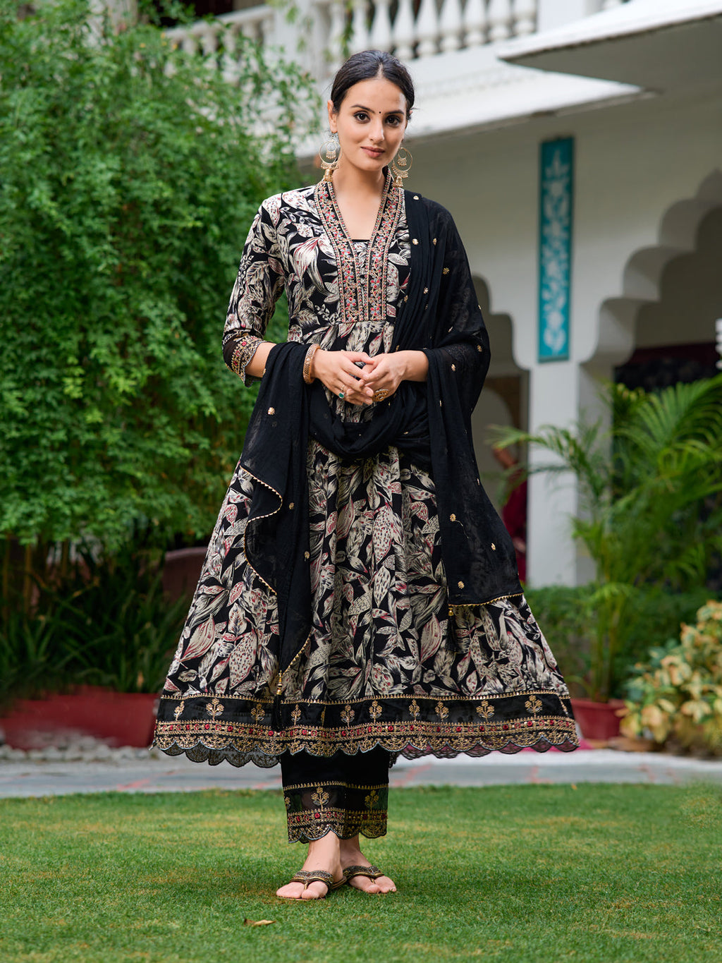 Embroidered & Botanical Printed Anarkali Kurta With Pant & Embroidered Dupatta, Black - Hiral Fashion
