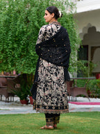 Embroidered & Botanical Printed Anarkali Kurta With Pant & Embroidered Dupatta, Black - Hiral Fashion