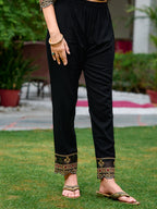 Embroidered & Botanical Printed Anarkali Kurta With Pant & Embroidered Dupatta, Black - Hiral Fashion