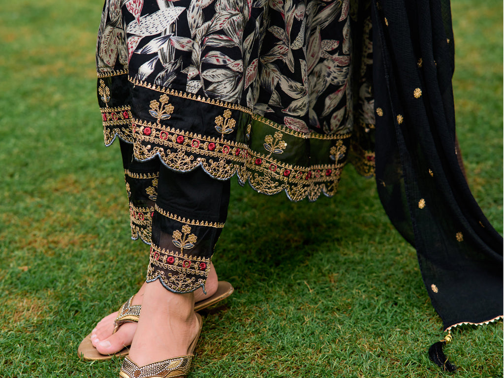 Embroidered & Botanical Printed Anarkali Kurta With Pant & Embroidered Dupatta, Black - Hiral Fashion